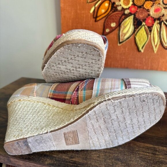 Toms| Cute Summer Tan/Blue/Orange 3.5” Wedge Open Toe Espadrille Shoes Sz 8.5 - Picture 5 of 6